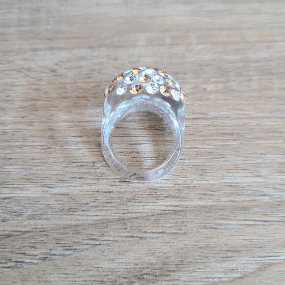 Clear acrylic Lucite dome cocktail ring with gold and clear rhinestones. - Picture 8 of 9